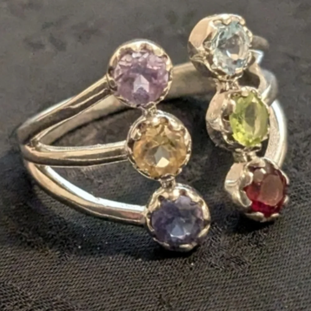 Rare 925 Solid Sterling Silver Colorful Multi Gemstone Ring Size 9 - Picture 3 of 6
